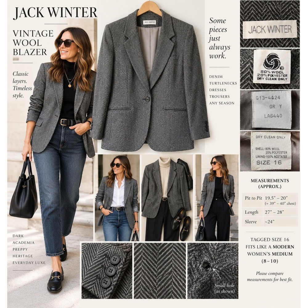 Vintage Jack Winter Gray Herringbone Wool Blazer Academia G13-424 Womens Medium